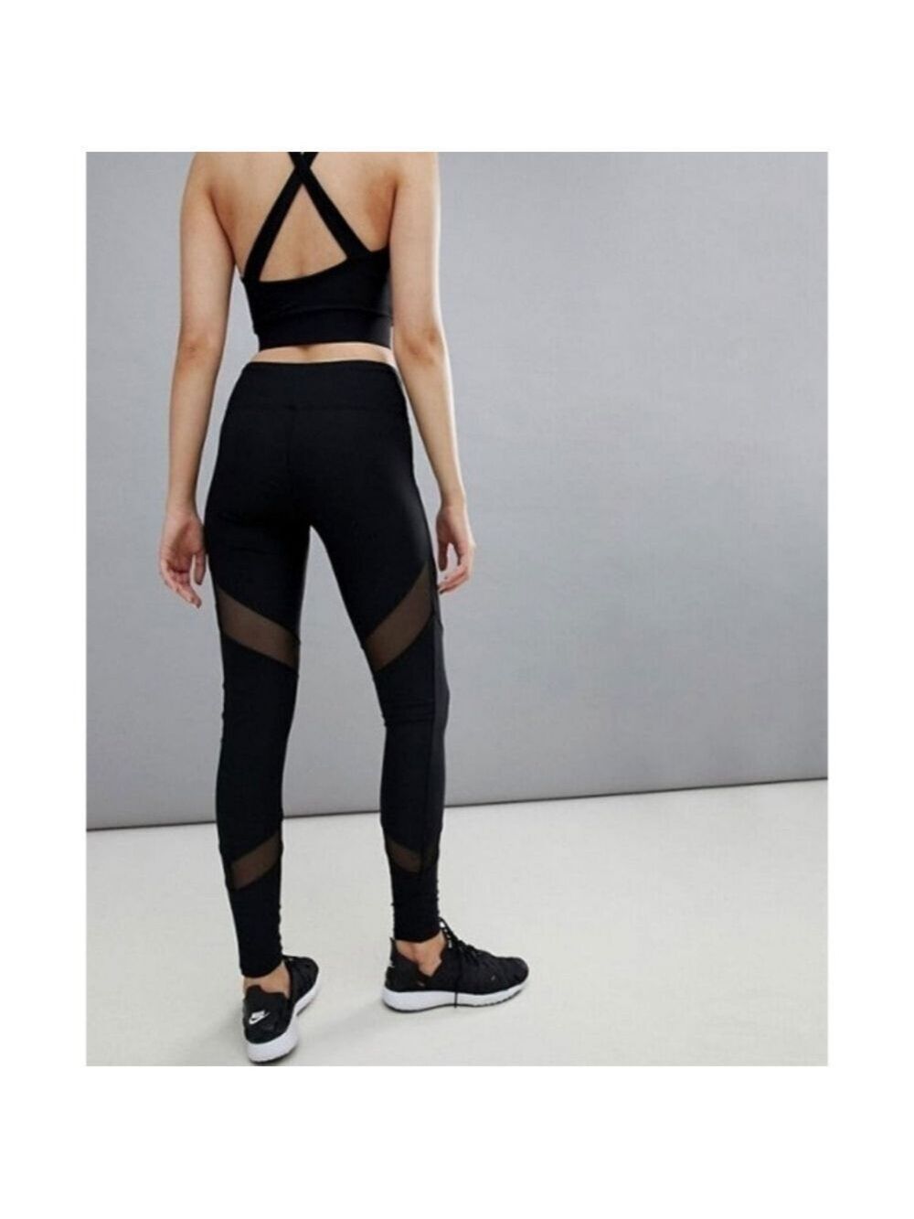 SOLID Black Full Length Leggings With Mesh Insert size 10-12 NWT